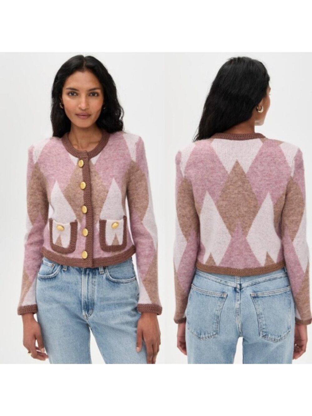 NEW L'agence Siobhan Fuzzy Argyle Cardigan Natural Mauve Argyle Size: XS
